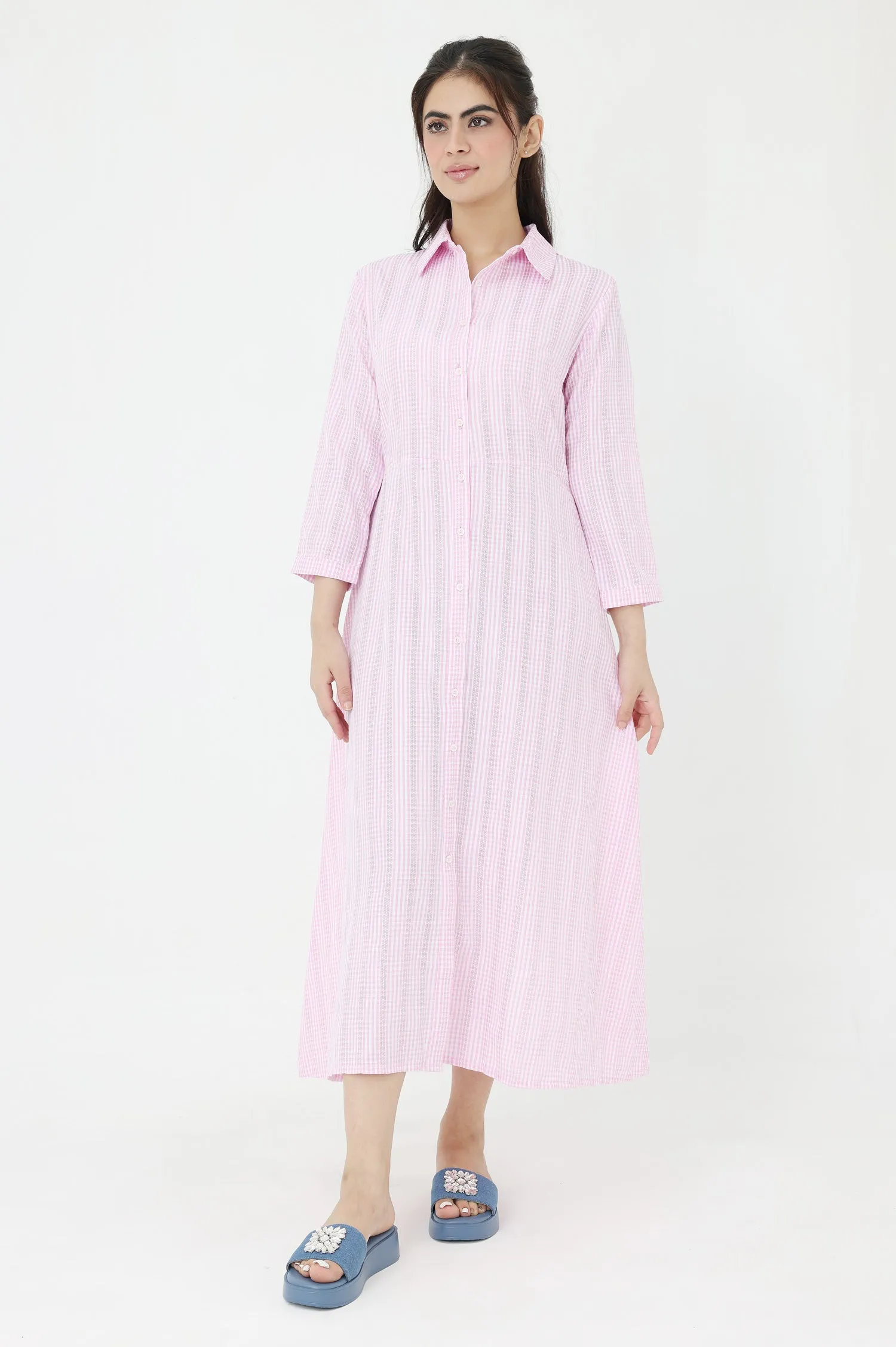 STRIPPED CHIC SHIRT DRESS-PINK