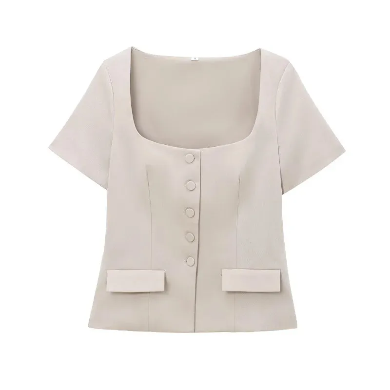 Structured Business Blouse Short-Sleeved Top for Office