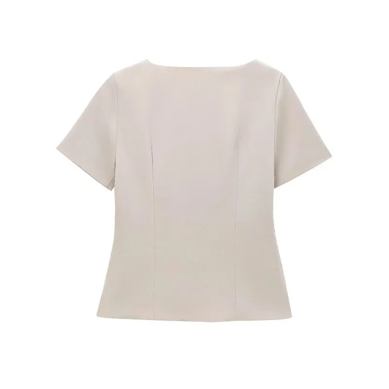 Structured Business Blouse Short-Sleeved Top for Office