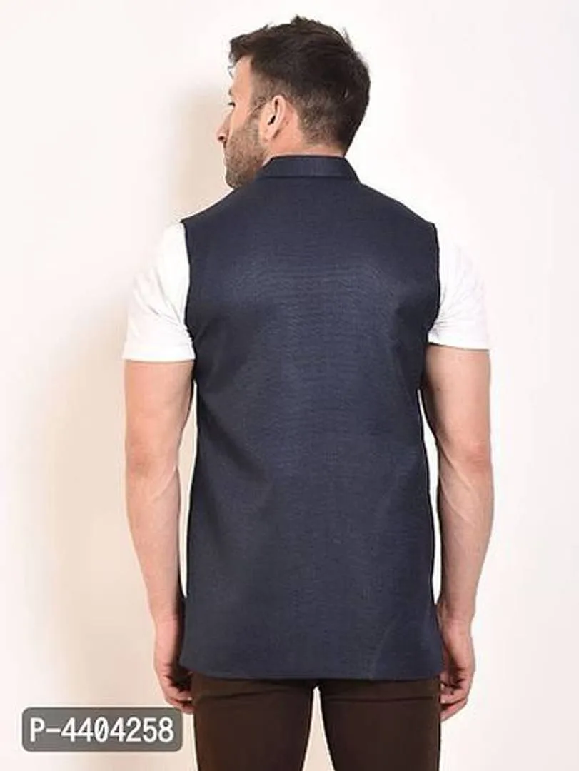 TRANOLI Fashionable Navy Blue Jute Solid Waistcoat For Men