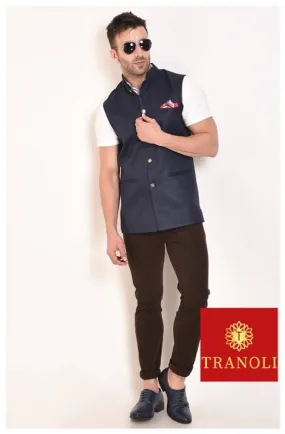 TRANOLI Fashionable Navy Blue Jute Solid Waistcoat For Men