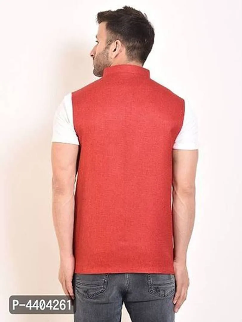 TRANOLI Fashionable Red Jute Solid Waistcoat For Men