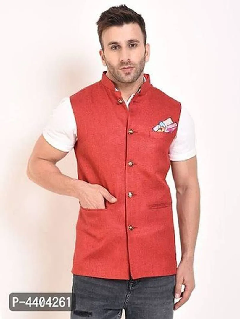 TRANOLI Fashionable Red Jute Solid Waistcoat For Men