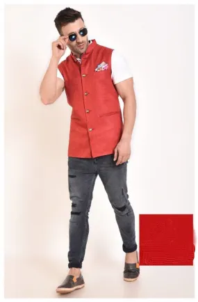 TRANOLI Fashionable Red Jute Solid Waistcoat For Men