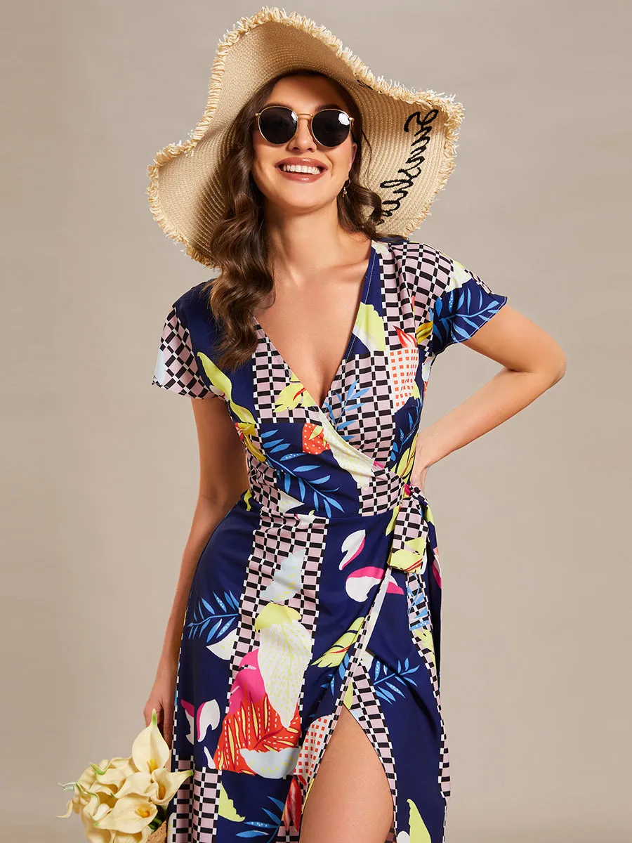 V-Neck Side Split Printed Wholesale Cocktail Dresses