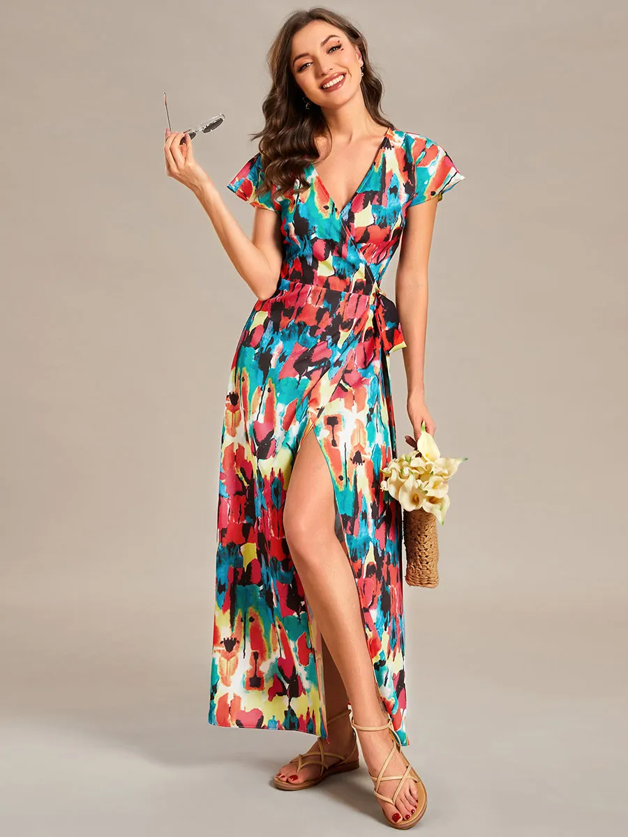 V-Neck Side Split Printed Wholesale Cocktail Dresses