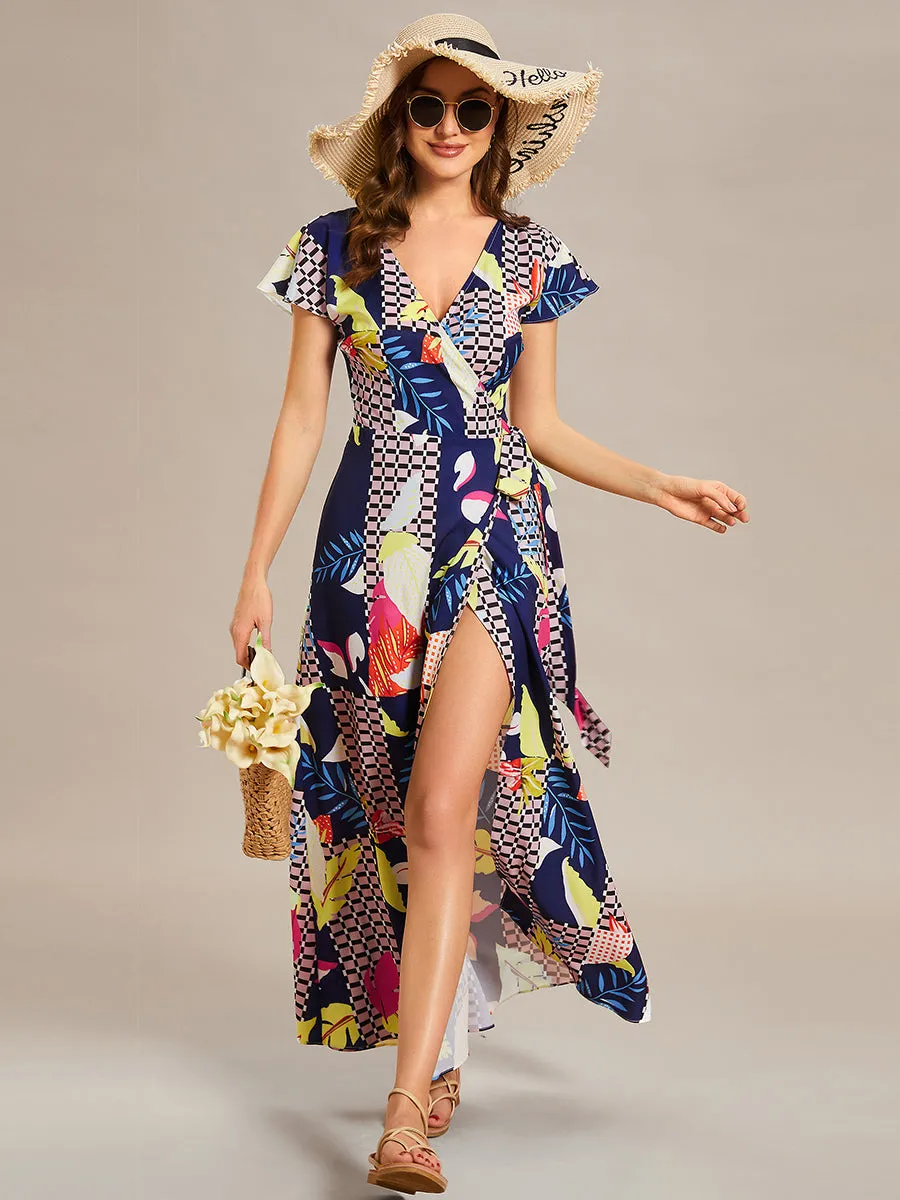 V-Neck Side Split Printed Wholesale Cocktail Dresses