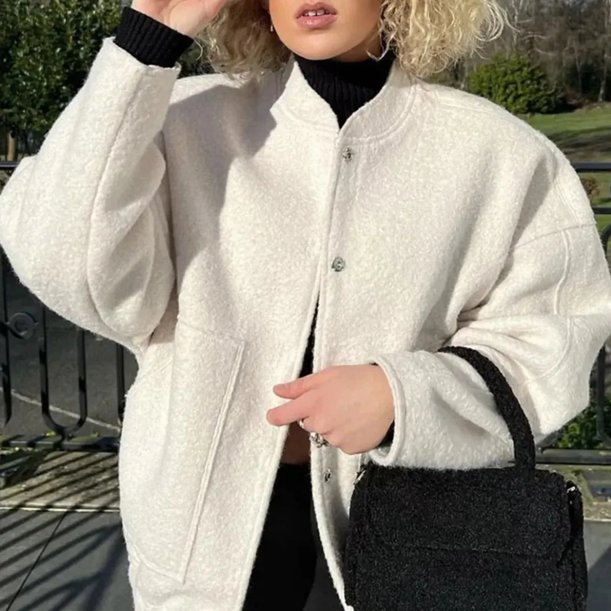 Versatile Oversized Bomber Round Neck Long Sleeve Casual Coat