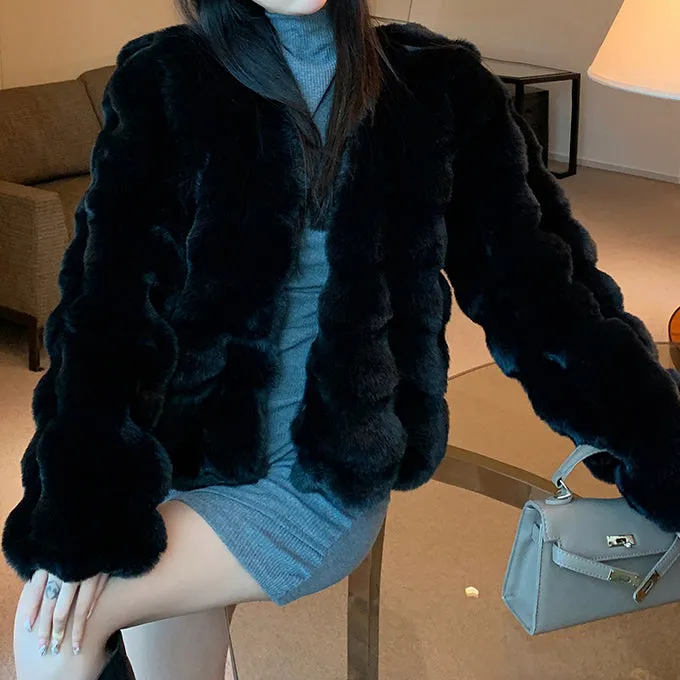 Versatile Rex Rabbit Mink Fur Long Sleeve Coat