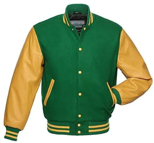 Warrior Gears Classic Hybrid Varsity Jacket for Kids, Toddler Letterman Bomber Jacket for Boys, Unisex Varsity Jacket Girls, Kelly Green Pure Wool Body & Gold Cowhide Leather Sleeves