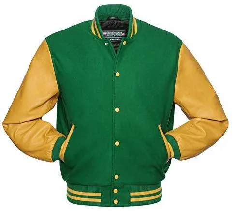 Warrior Gears Classic Hybrid Varsity Jacket for Kids, Toddler Letterman Bomber Jacket for Boys, Unisex Varsity Jacket Girls, Kelly Green Pure Wool Body & Gold Cowhide Leather Sleeves