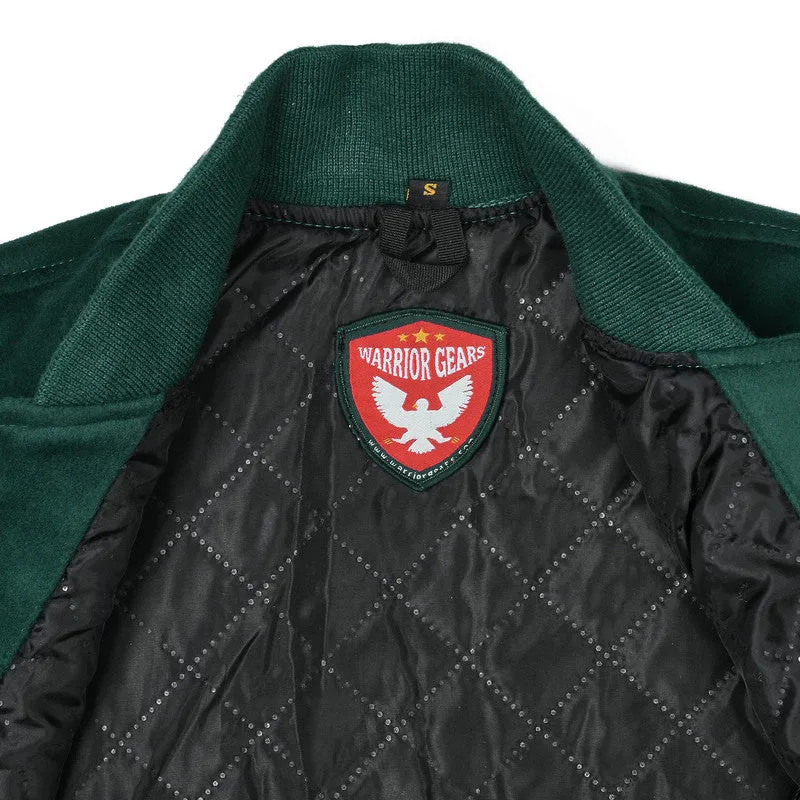 Warrior Gears Classic Hybrid Varsity Jacket for Kids, Toddler Letterman Bomber Jacket for Boys, Unisex Varsity Jacket Girls, Kelly Green Pure Wool Body & Gold Cowhide Leather Sleeves