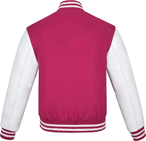 Warrior Gears Classic Hybrid Varsity Jacket University Letterman Bomber Jacket, Pure Wool & Original Cowhide Leather Jacket, Hot Pink Pure Wool Body & White Real Leather Sleeves