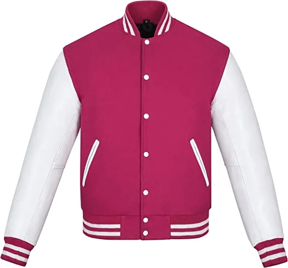 Warrior Gears Classic Hybrid Varsity Jacket University Letterman Bomber Jacket, Pure Wool & Original Cowhide Leather Jacket, Hot Pink Pure Wool Body & White Real Leather Sleeves