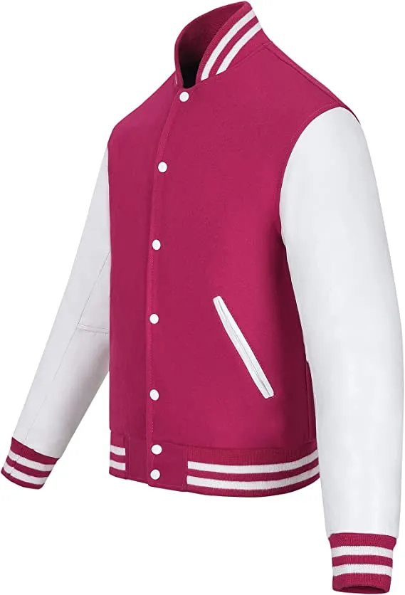 Warrior Gears Classic Hybrid Varsity Jacket University Letterman Bomber Jacket, Pure Wool & Original Cowhide Leather Jacket, Hot Pink Pure Wool Body & White Real Leather Sleeves