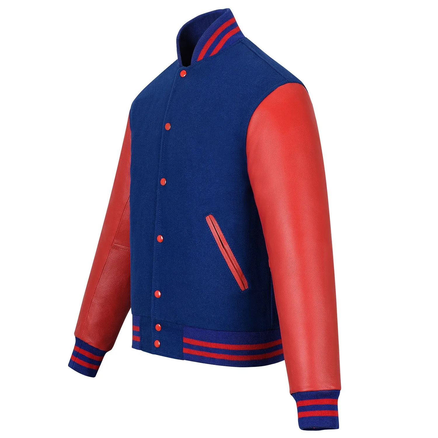 Warrior Gears Classic Hybrid Varsity Jacket University Letterman Bomber Jacket, Pure Wool & Original Cowhide Leather Jacket, Royal Blue Pure Wool Body & Red Real Leather Sleeves