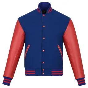 Warrior Gears Classic Hybrid Varsity Jacket University Letterman Bomber Jacket, Pure Wool & Original Cowhide Leather Jacket, Royal Blue Pure Wool Body & Red Real Leather Sleeves