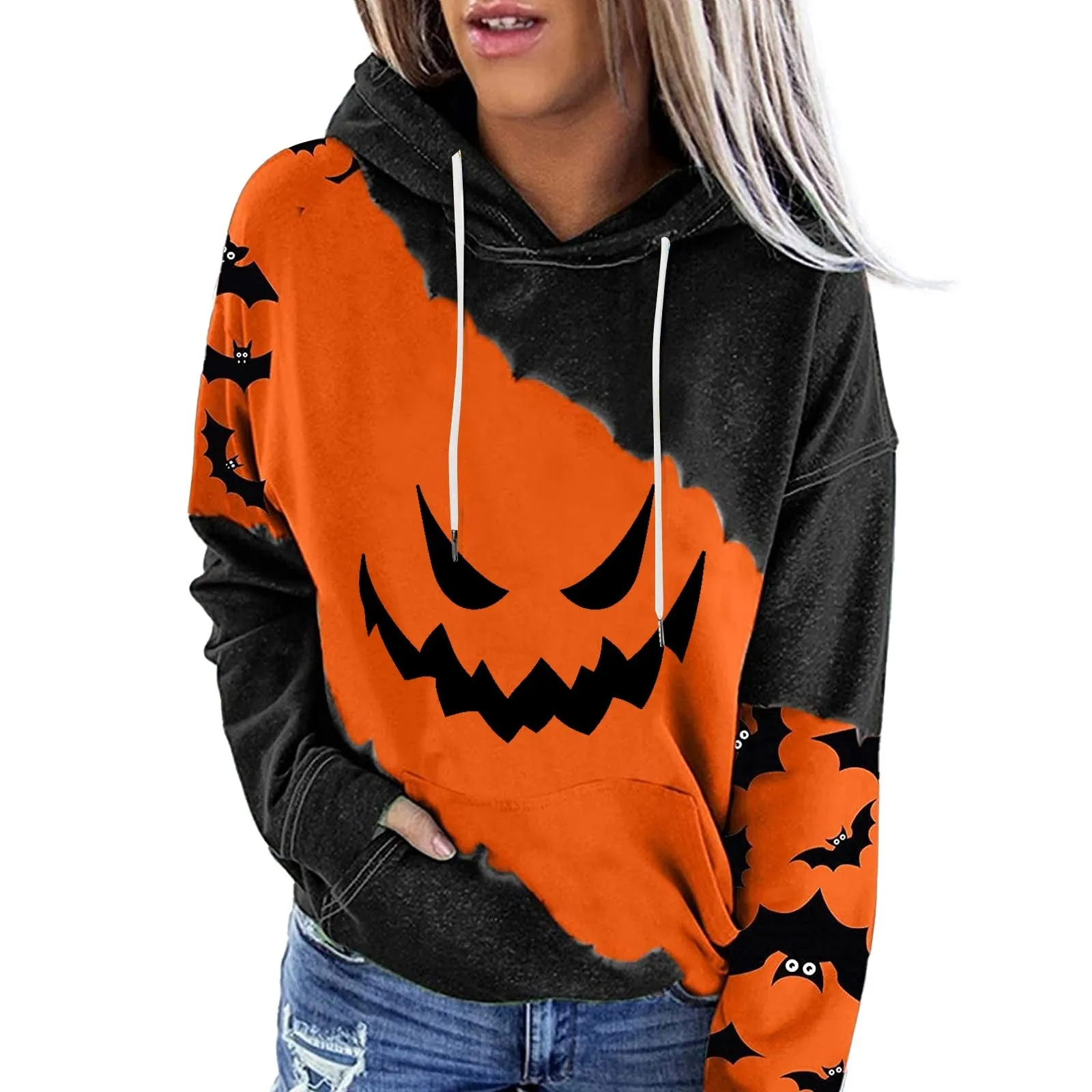 Wenkouban Halloween Hoodies Halloween Costumes For Women Casual Long Sleeve Hooded Loose Drawstring Pumpkin Skeleton Womens Sweatshirts And Hoodies Set