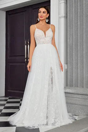 White A Line V Neck Tulle Spaghetti Straps Wedding Dress with Appliques Lace