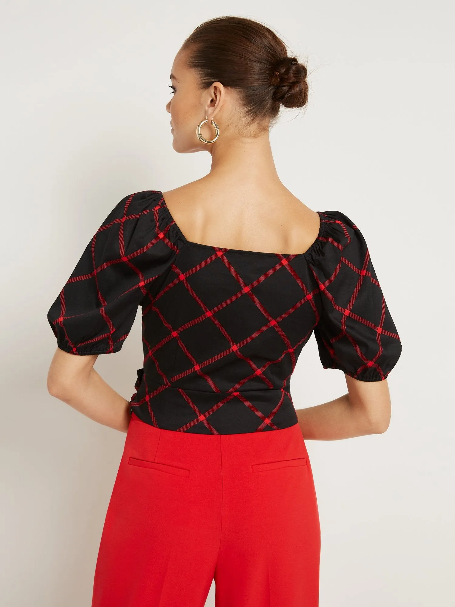 Windowpane-Print Puff-Sleeve Poplin Top