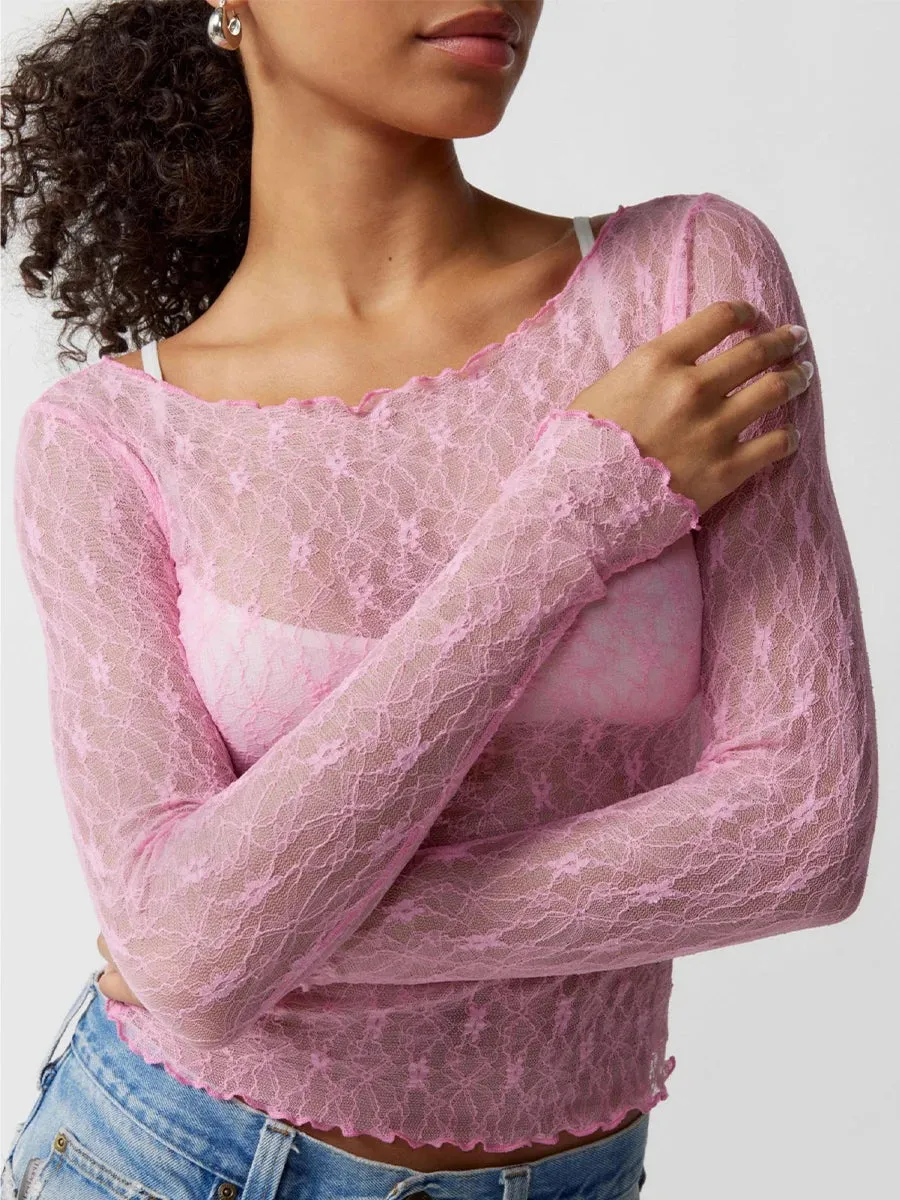 Women Lace Pullover TopS Retro Long Sleeve Round Neck See Through Solid Color Fitted T-Shirts Casual Blouse Streetwear Y2K 2000s